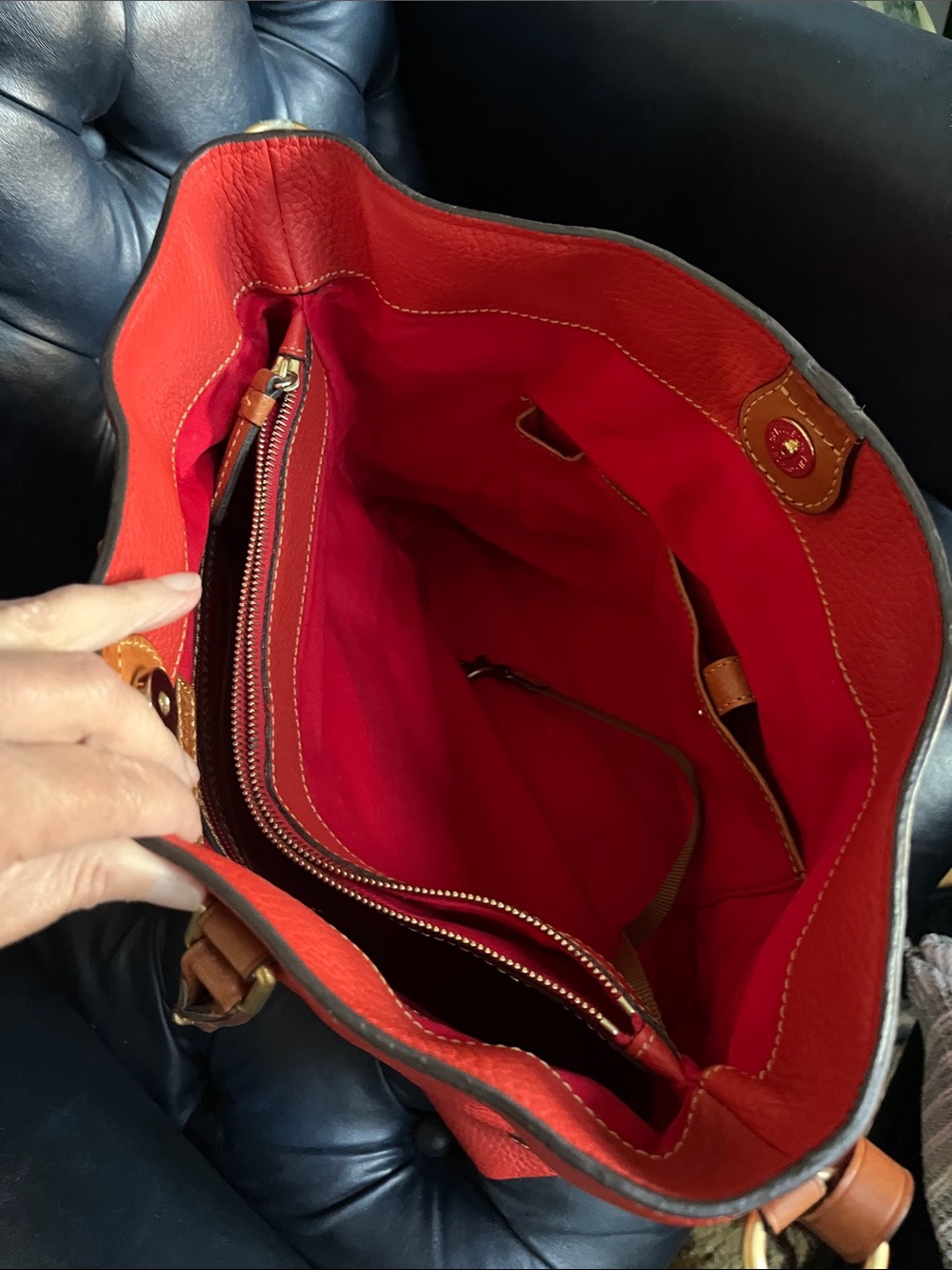 Dooney & Bourke Red Pebbled Leather Satchel with Brown Trim - Picture 7 of 12
